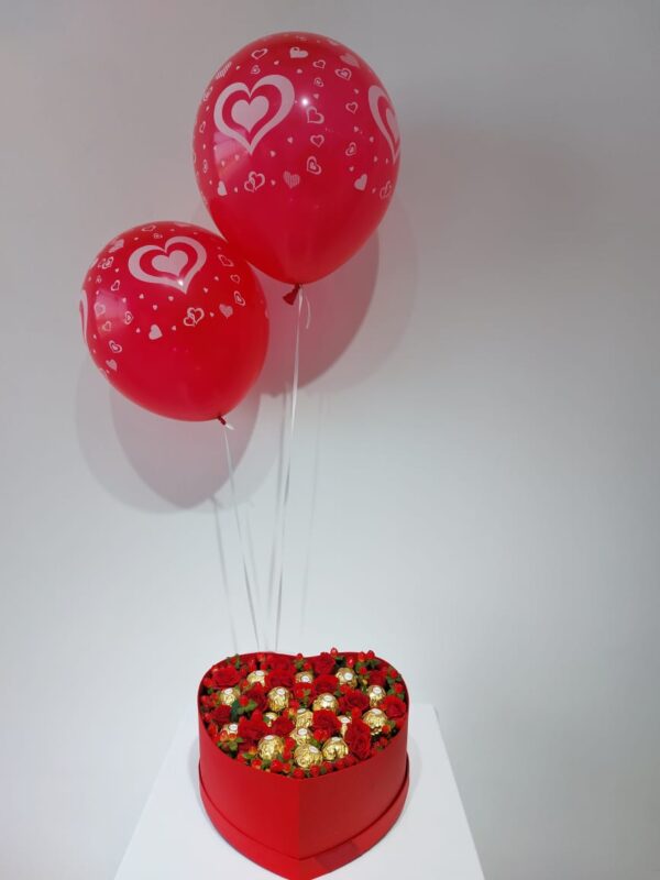 Flower Arrangement With Chocolate,Box And Balloons