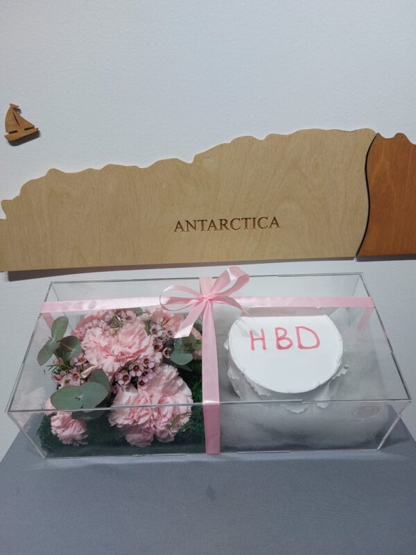 Flowers With Cake And Acrylic Box Arrangement