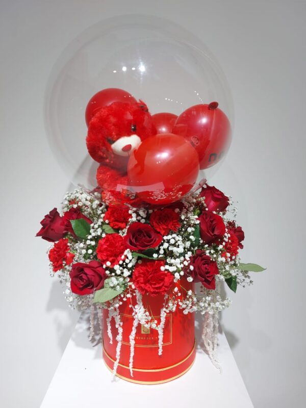Flower Arrangement  With balloons, Teddy Bear And Box